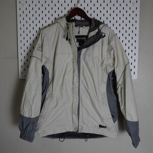 REI‎ Elements Women's Beige Gray Hooded Rain Jacket Lightweight Large